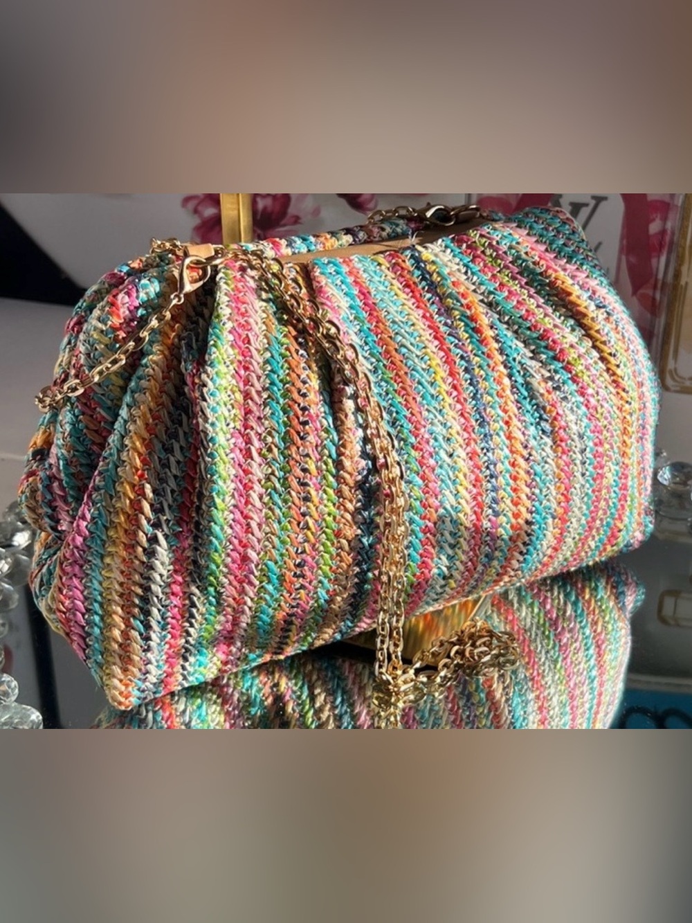 Striped Multicolor Knit Shoulder Bag with Chain Strap - Picture 2 of 8